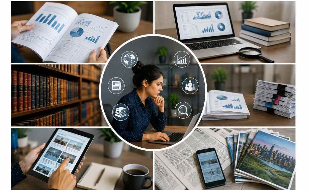 Illustration of secondary market research methods using industry reports, government publications, market databases, academic journals, company reports, online sources, and statistical data for business analysis.