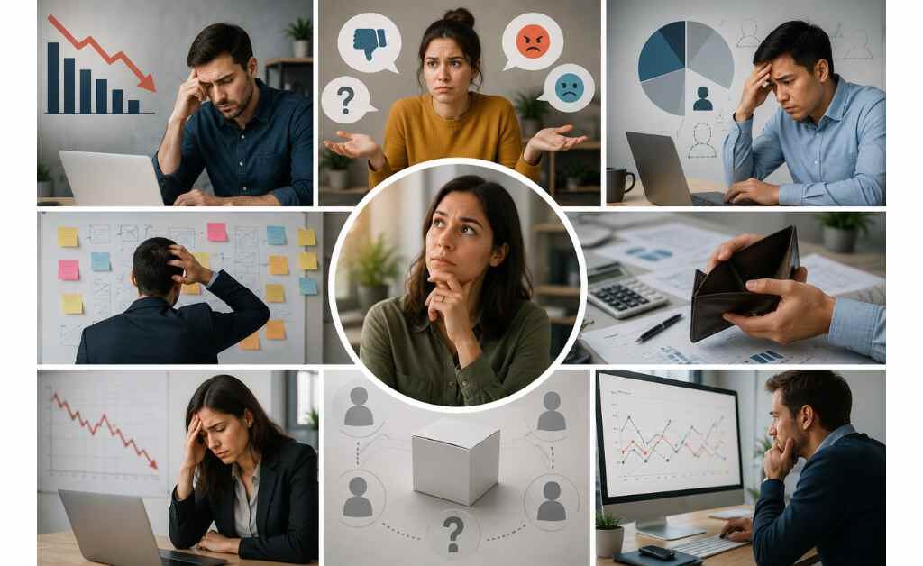 Collage illustrating common signs that a business needs product-market fit research, including declining sales, low customer engagement, poor retention, negative feedback, uncertain target audience, and inconsistent product performance.