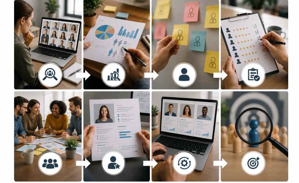 Illustration showing the step-by-step buyer persona research process, including customer data collection, audience analysis, customer segmentation, persona creation, validation, and ongoing refinement to better understand target customers.