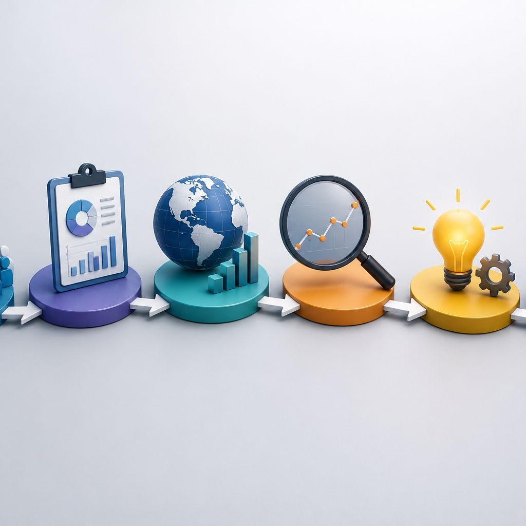 Step-by-step market trends analysis process illustrated with business research, data collection, trend identification, market analysis, strategic planning, and performance monitoring workflow.