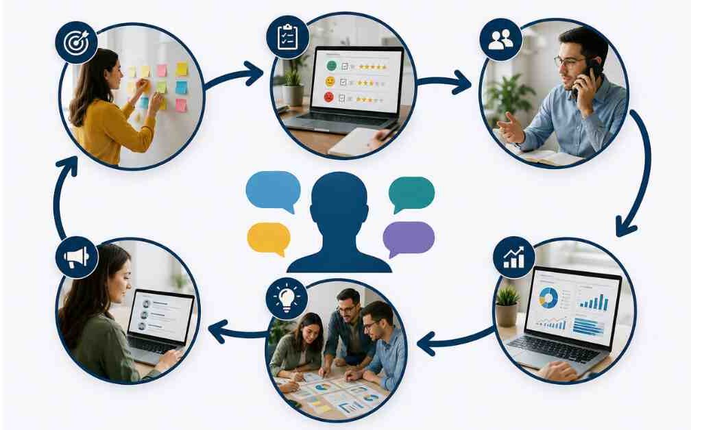 Illustration of the step-by-step voice of customer research process showing customer feedback collection, surveys, interviews, data analysis, insight generation, and business decision-making in a connected workflow.