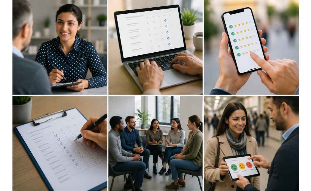 "Survey research examples illustrating customer satisfaction surveys, online questionnaires, face-to-face interviews, focus groups, mobile surveys, and market research data collection."