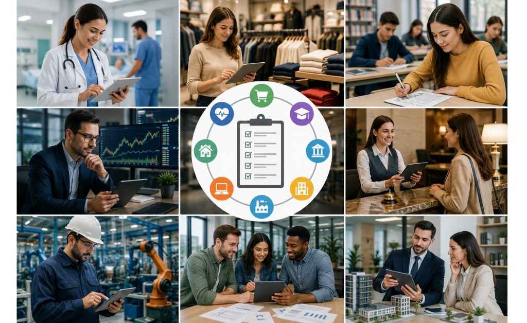 Survey research across different industries including healthcare, retail, education, finance, manufacturing, hospitality, and technology to collect customer and market insights for better business decisions.
