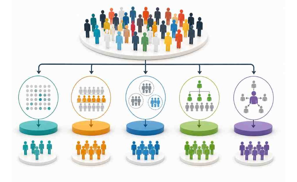 Illustration of survey sampling methods showing random, stratified, cluster, systematic, and convenience sampling techniques used to select representative research participants.