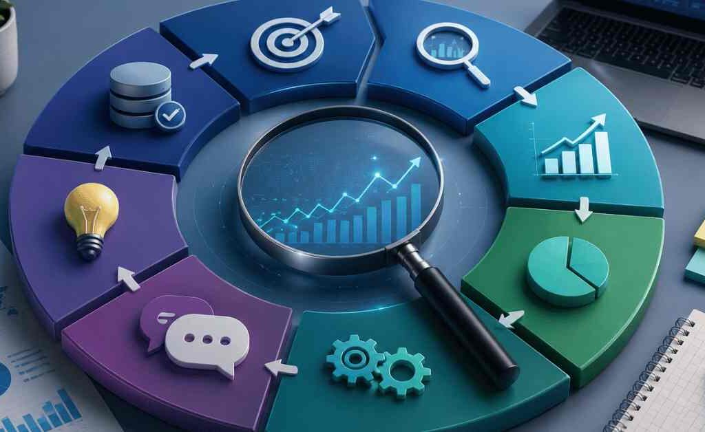 "Complete market trends analysis framework illustrated as a circular business strategy process with data visualization, analytics, market research, planning, and growth insights."