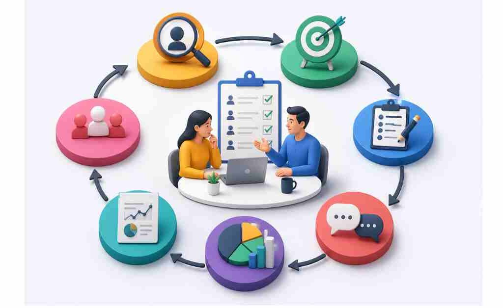 Illustration showing the complete primary market research process, with researchers collecting customer feedback, conducting surveys and interviews, analyzing data, identifying insights, and making informed business decisions in a connected workflow.