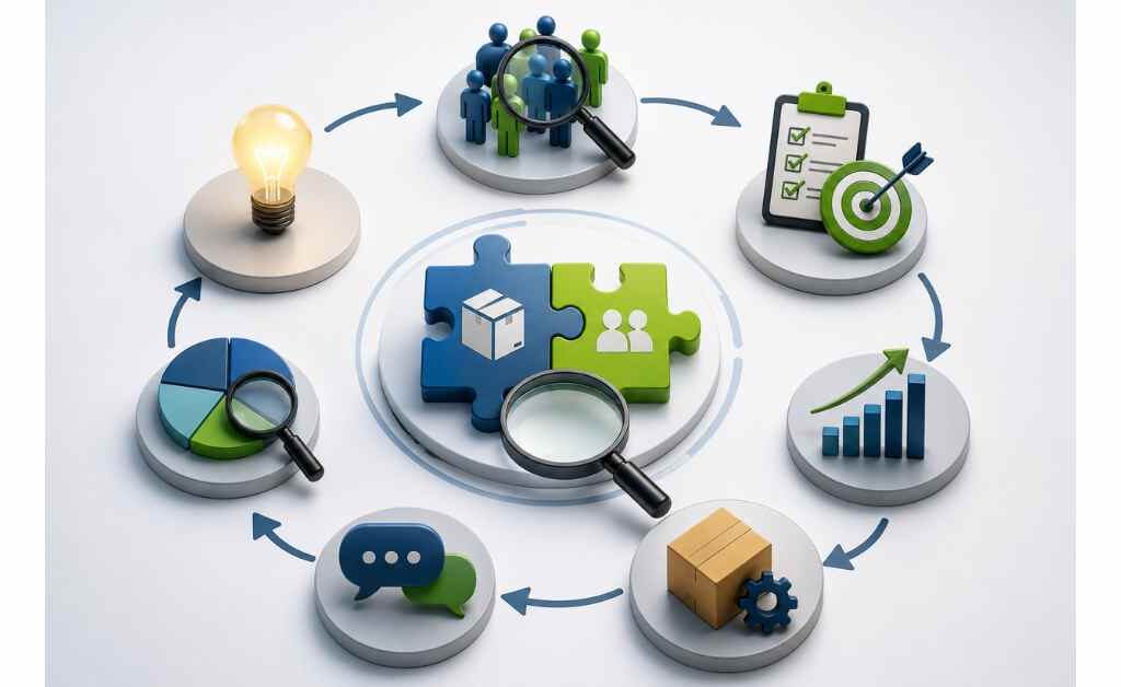 illustration of the complete product-market fit research framework showing customer discovery, market validation, product testing, user feedback, data analysis, iteration, and product-market fit optimization.