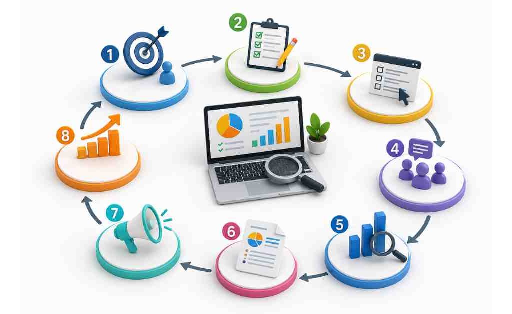 Illustration of the complete survey research process showing questionnaire design, respondent selection, survey distribution, data collection, analysis, reporting, and decision-making in a step-by-step workflow.