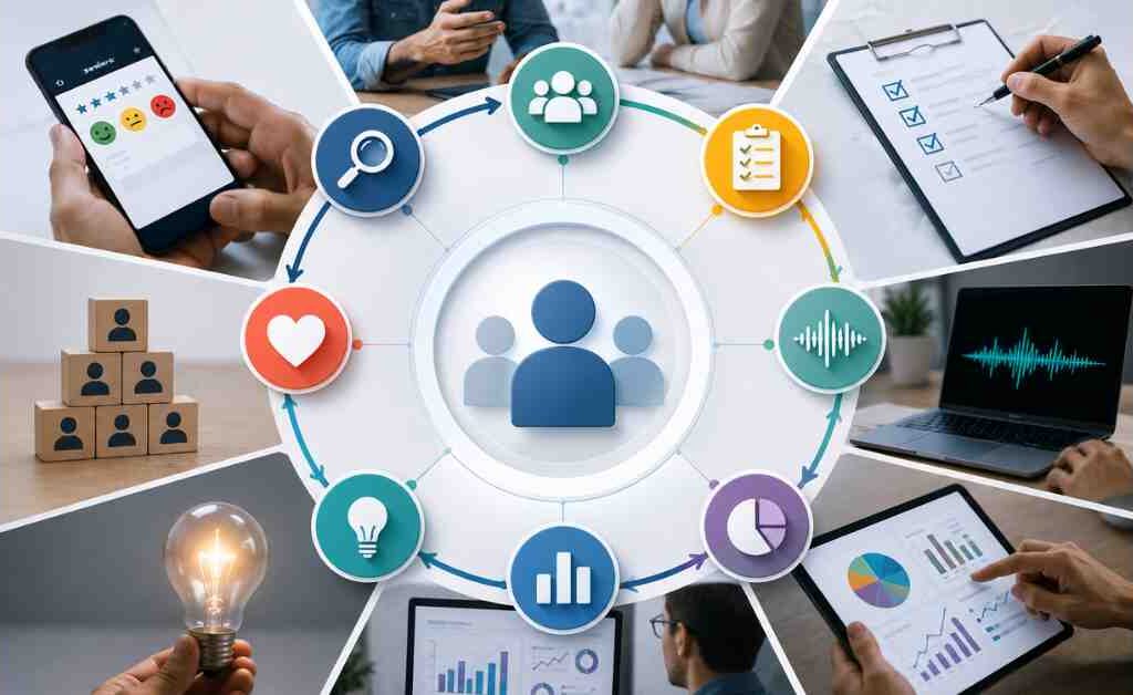 "Voice of Customer research framework illustrating the end-to-end process of collecting customer feedback, analyzing insights, identifying customer needs, and improving products and customer experience."