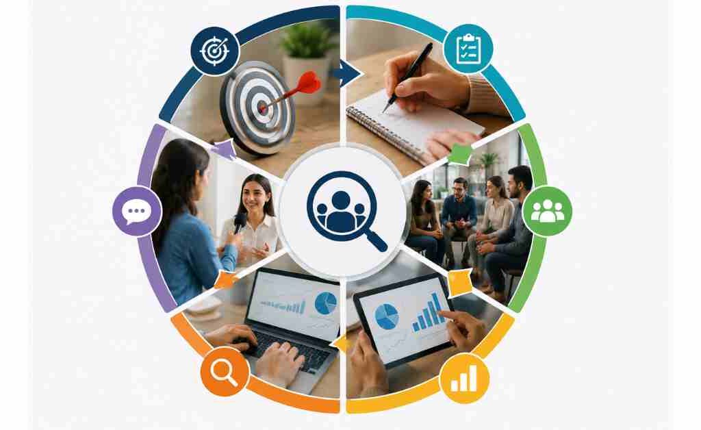 Primary market research framework illustration showing research planning, customer interviews, surveys, focus groups, data collection, analysis, and actionable insights in a continuous research process.