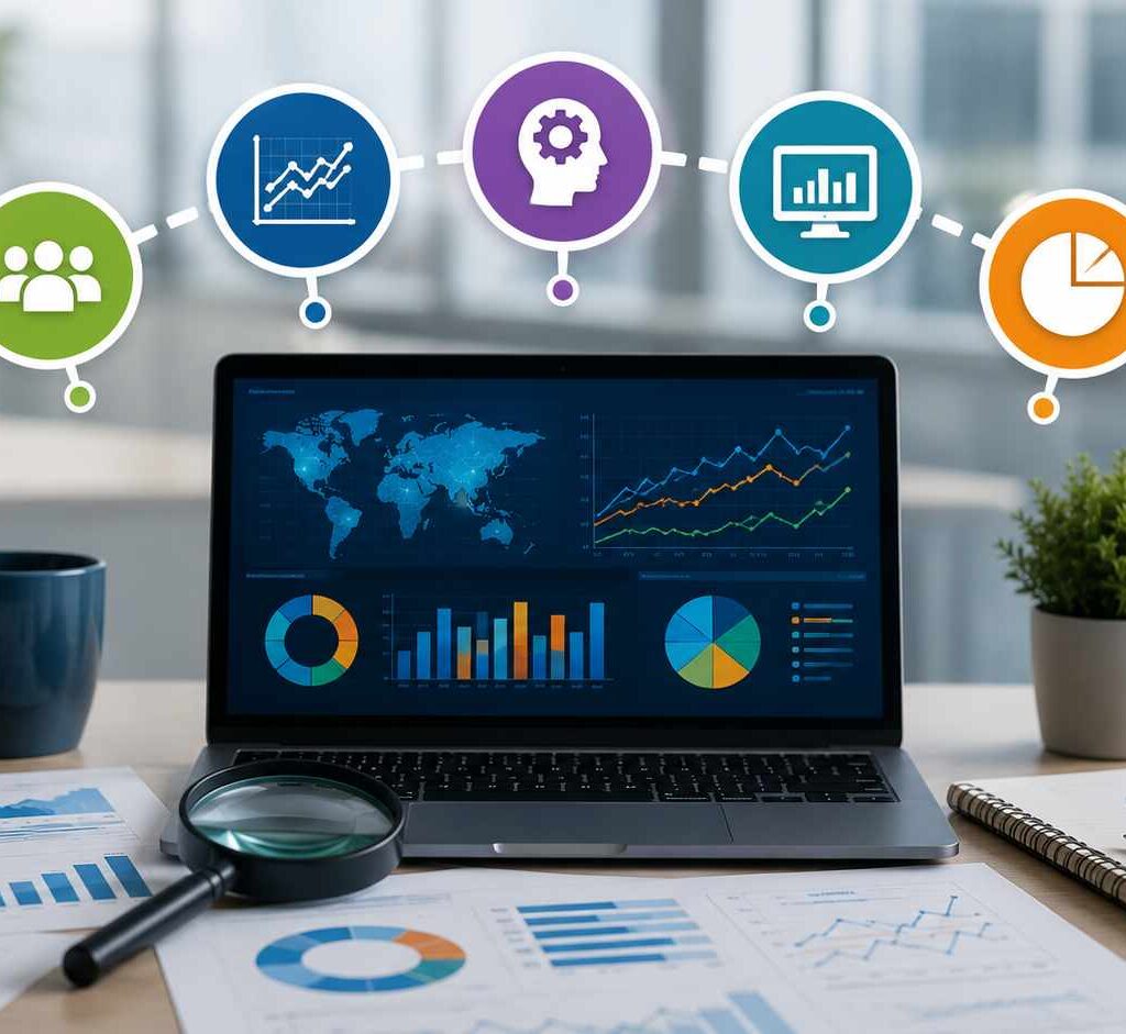 "Business analyst using top market trends analysis methods with dashboards, charts, and data visualization tools to identify emerging market opportunities and support strategic decision-making."