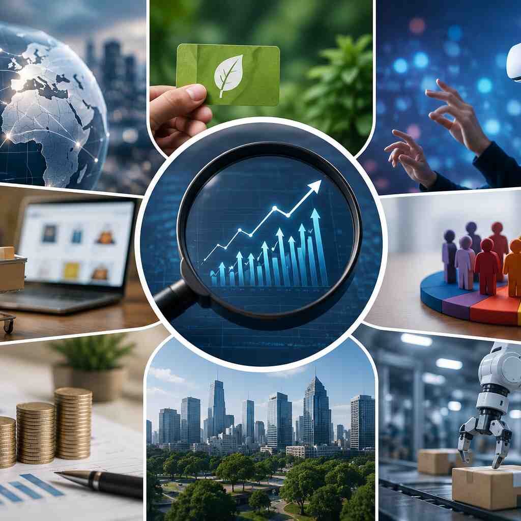 "Illustration showing different types of market trends including consumer behavior, technology, finance, retail, sustainability, and industry growth analyzed through business data visualization."