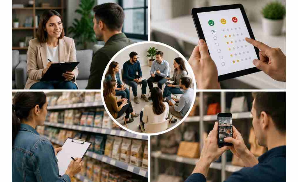 "Types of primary market research including customer interviews, surveys, focus groups, observational research, and field studies used to gather first-hand customer insights."