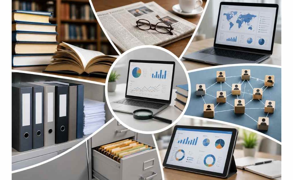 Collage illustrating different types of secondary market research, including industry reports, government publications, online databases, academic journals, company records, news sources, and market analytics.