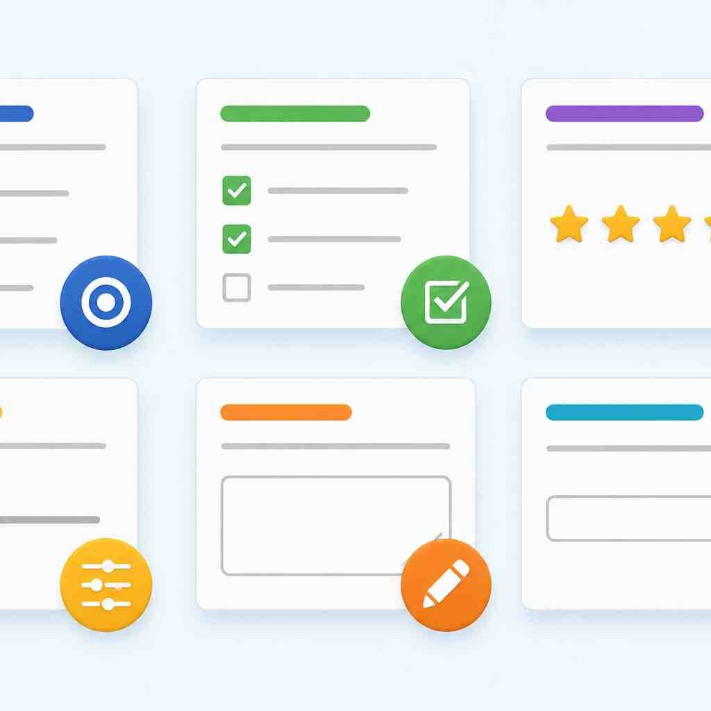 Illustration of different types of survey questions including multiple-choice, checkbox, rating scale, slider, open-ended, and dropdown question formats used in survey research.