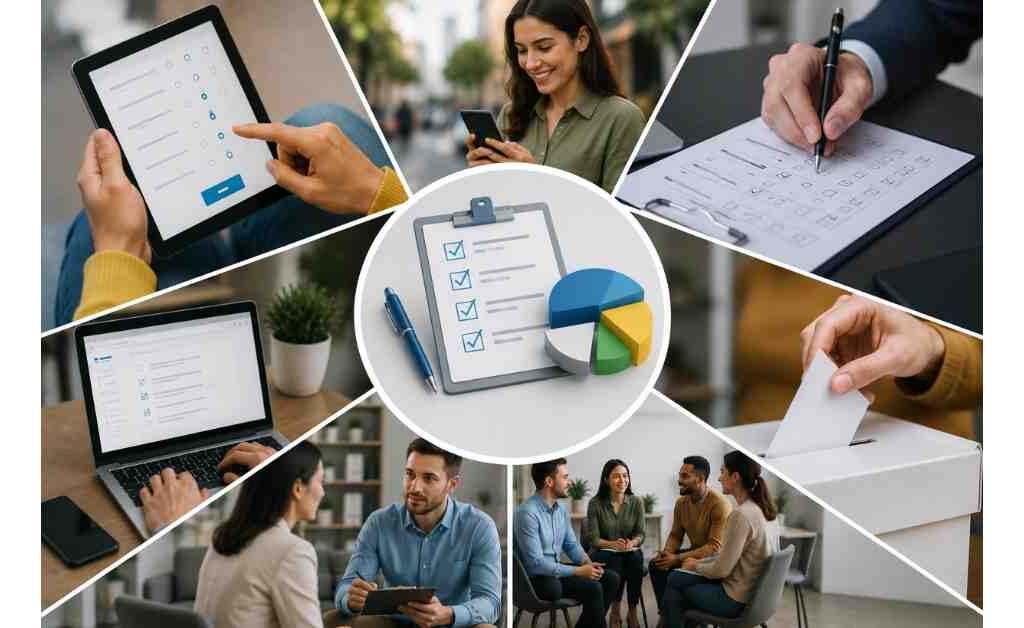 "Illustration of different types of survey research, including online surveys, paper questionnaires, mobile surveys, interviews, focus groups, and polling methods for market research."
