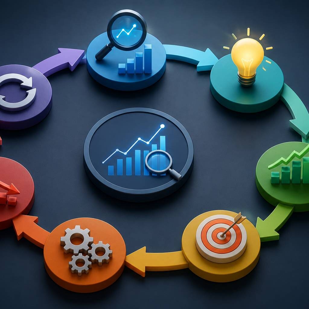 "Illustration of the market trend lifecycle showing trend emergence, growth, maturity, decline, and renewal through a circular business analytics workflow with data visualization."
