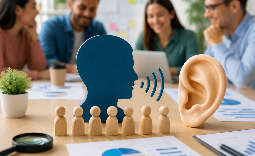 Team analyzing customer feedback and survey insights during a voice of customer research session with charts, customer personas, and listening concept in a modern office.