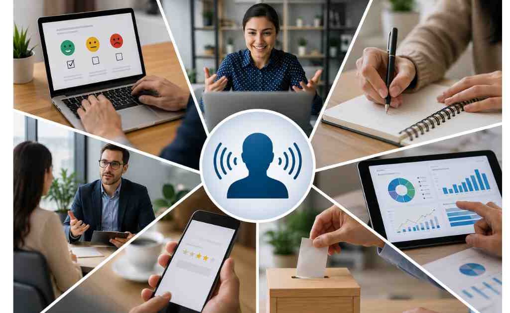 Illustration of voice of customer research methods including customer surveys, interviews, online feedback, focus groups, review analysis, and data analytics for gathering actionable customer insights.