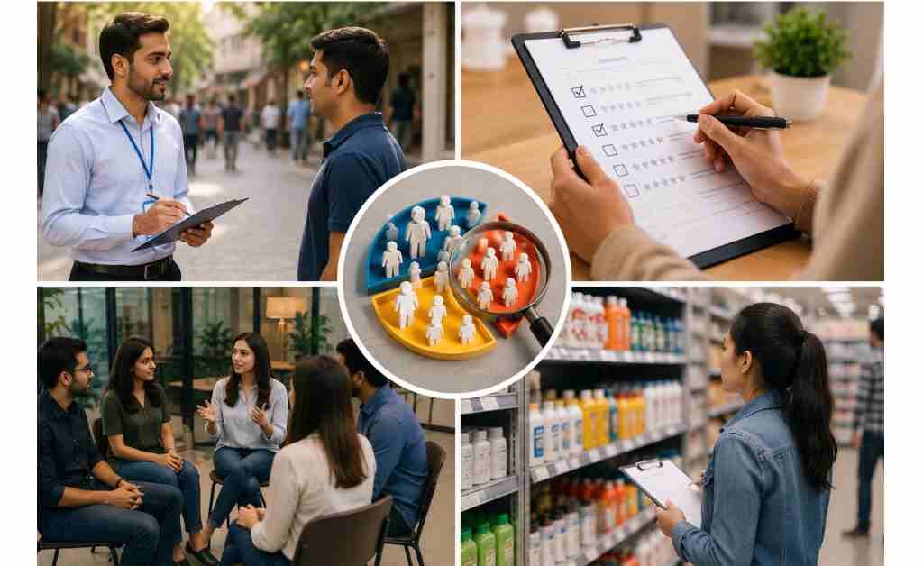 Primary market research illustration showing customer interviews, surveys, focus groups, and in-store observations used to collect first-hand data for informed business decisions.