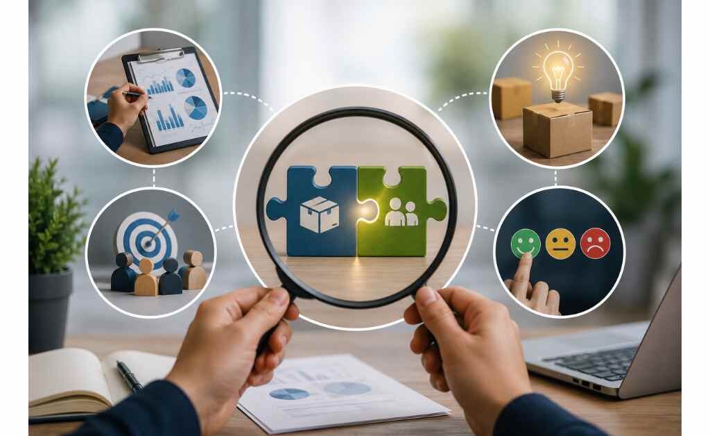 Product-market fit research illustration showing customer needs, product validation, market demand analysis, user feedback, and data-driven decision-making to achieve product-market fit.