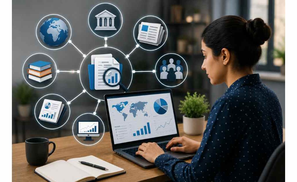 Secondary market research illustration showing a professional analyzing industry reports, government data, market statistics, published studies, and online databases to gather existing business insights.