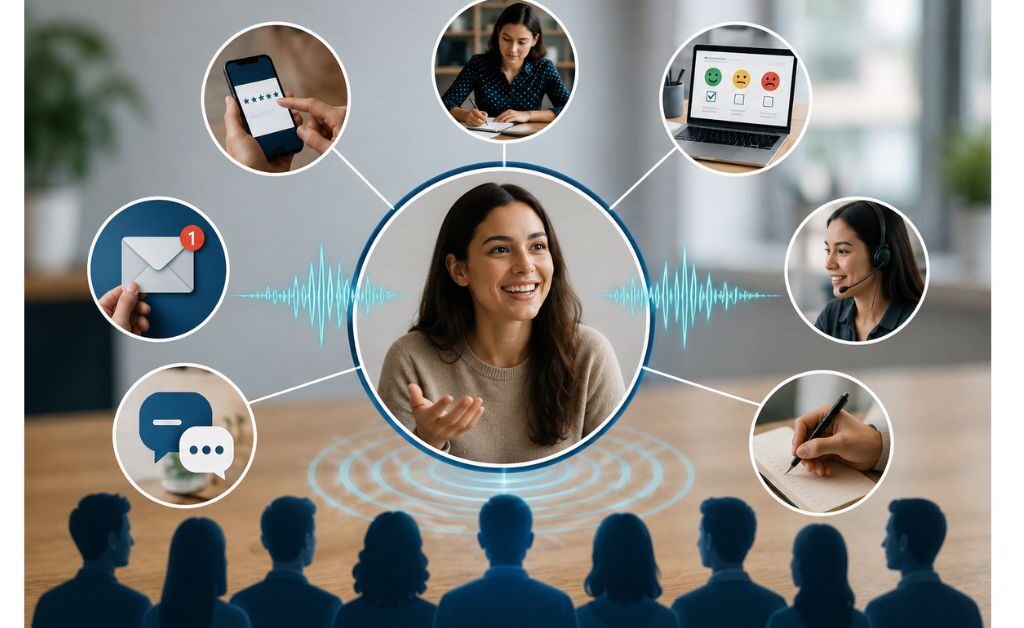 "Voice of Customer research concept illustrating customer feedback collection through surveys, interviews, reviews, support interactions, and sentiment analysis to understand customer needs."