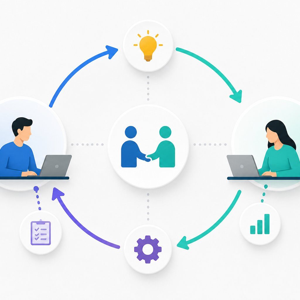 **SEO-Optimized Alt Text:**

**Minimal collaboration workflow diagram illustrating cross-functional teamwork, idea sharing, task management, analytics, and continuous product development process.**
