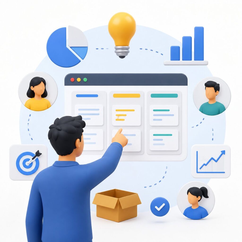 Minimal illustration of product management showing roadmap planning, task prioritization, analytics, customer insights, and cross-functional collaboration.
