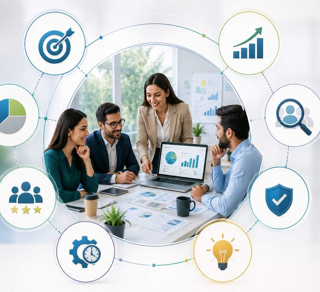 "Business professionals using market research services to analyze customer data, identify opportunities, and drive business growth."