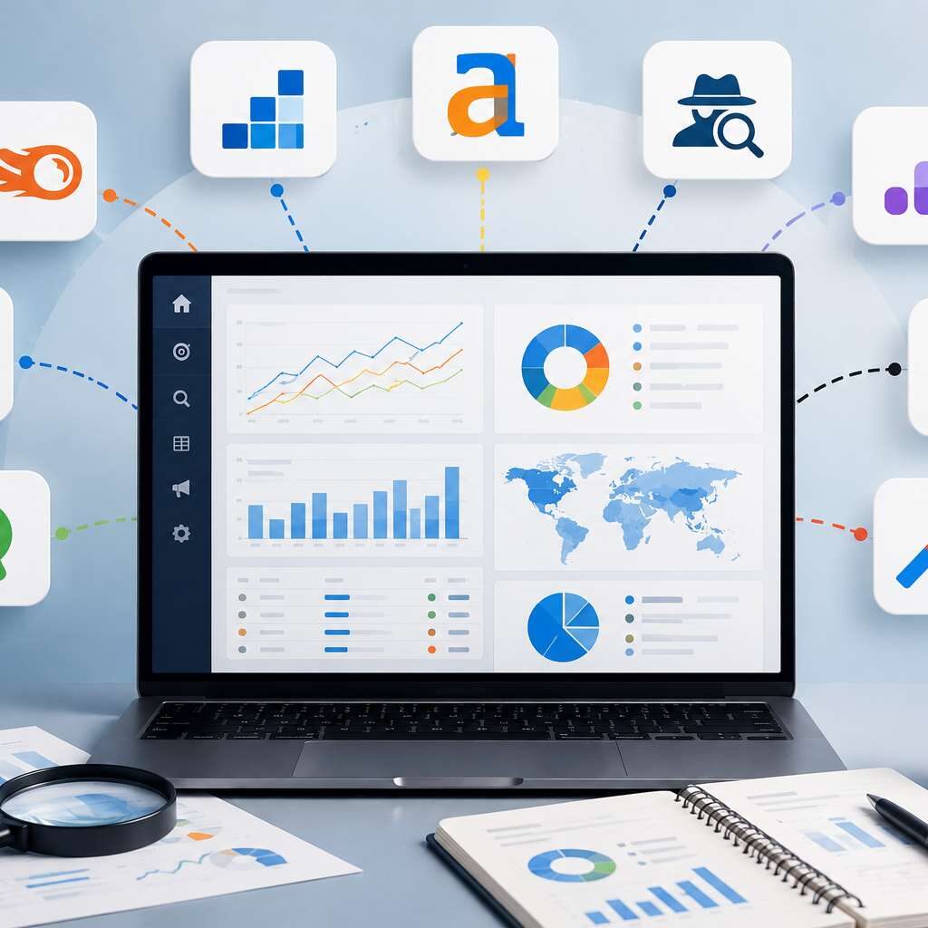 "Best competitor research tools displayed on a business analytics dashboard with market intelligence, SEO analysis, and competitor tracking software."