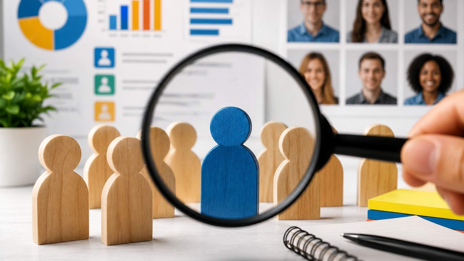 "Illustration of buyer persona research showing a highlighted customer profile with audience segmentation, customer data analysis, and ideal customer identification for market research."