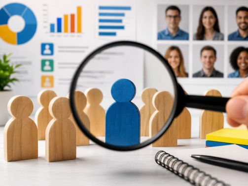 "Illustration of buyer persona research showing a highlighted customer profile with audience segmentation, customer data analysis, and ideal customer identification for market research."