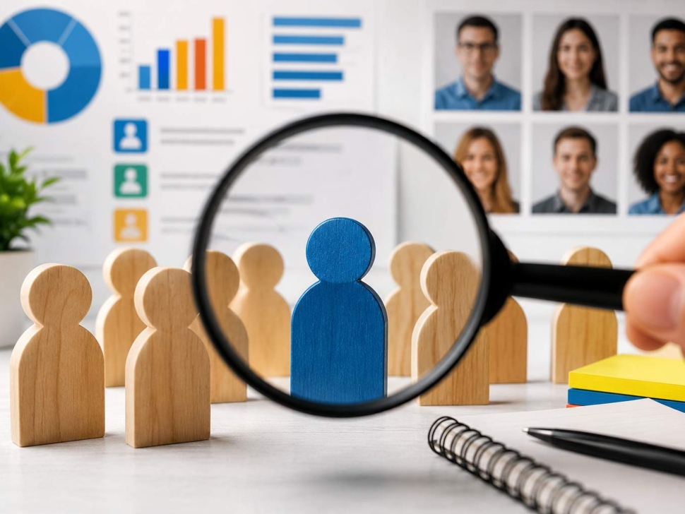 "Illustration of buyer persona research showing a highlighted customer profile with audience segmentation, customer data analysis, and ideal customer identification for market research."