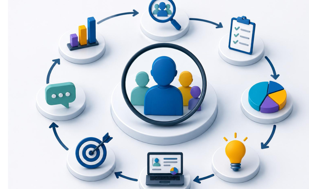 "Buyer persona research framework illustrating the customer research process, audience segmentation, persona development, data analysis, and marketing strategy workflow."