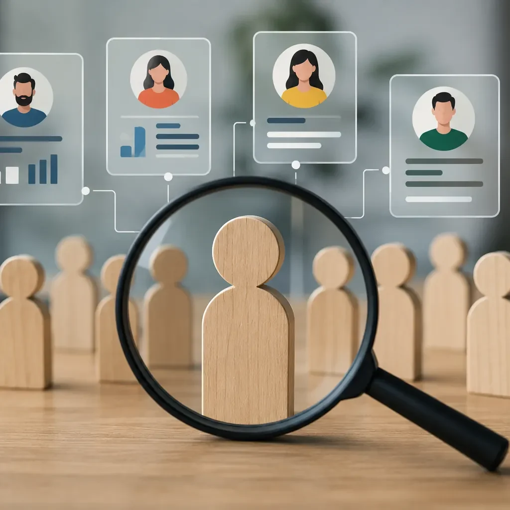 "Illustration of buyer persona research showing a target customer identified through audience segmentation, customer profiles, and market analysis."