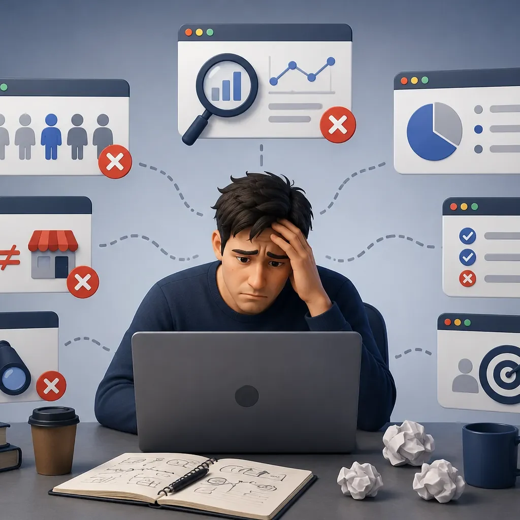 Common competitor research mistakes illustration showing a marketer overwhelmed by incorrect competitor analysis, poor targeting, and incomplete market research.