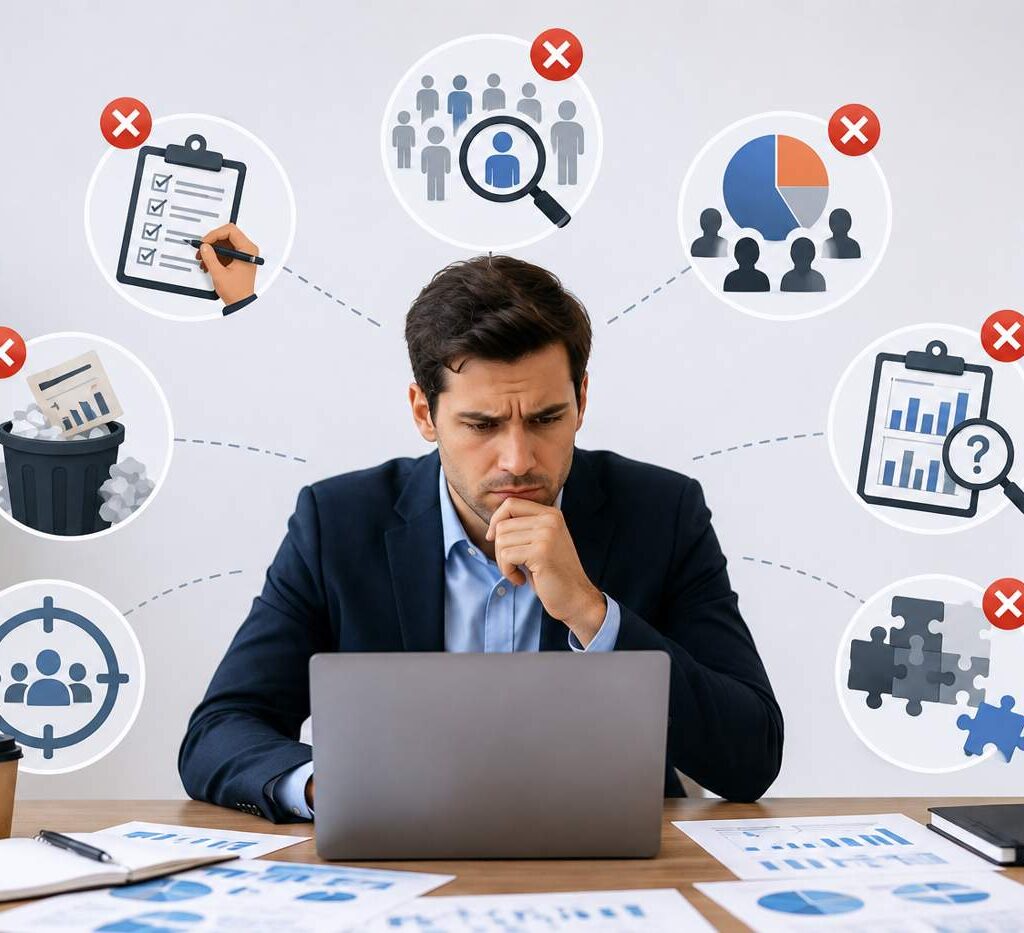 "Business professional reviewing common market research mistakes such as data errors, poor sampling, and incorrect audience analysis."