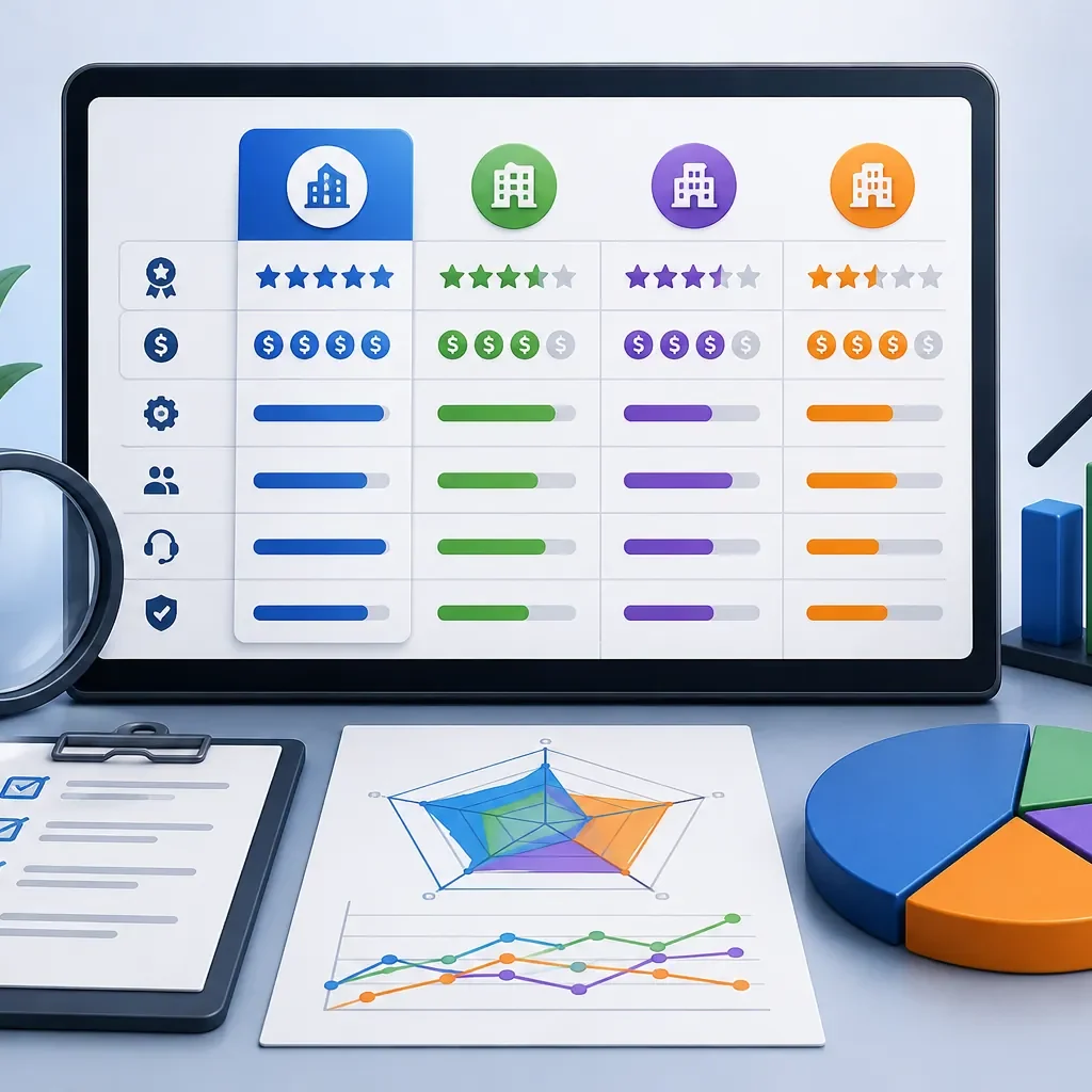 Competitor benchmarking illustration showing side-by-side business performance comparison, market analysis, KPI dashboards, and competitive benchmarking metrics.
