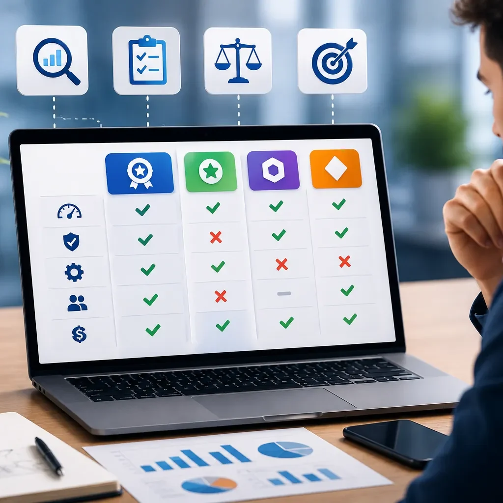 Competitor feature comparison illustration showing side-by-side product feature analysis, business benchmarking, and competitive comparison dashboard.