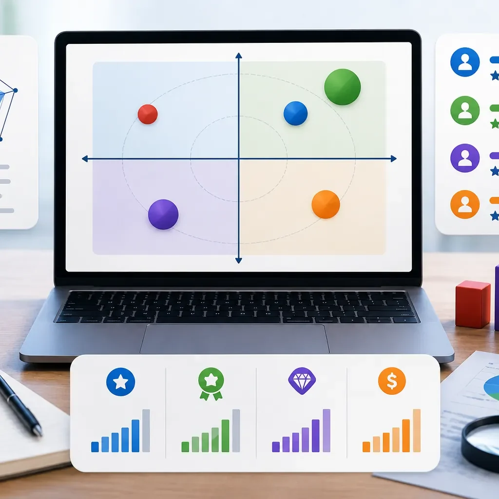 Competitor positioning analysis illustration showing a market positioning map, competitor comparison, business analytics, and strategic competitive analysis.