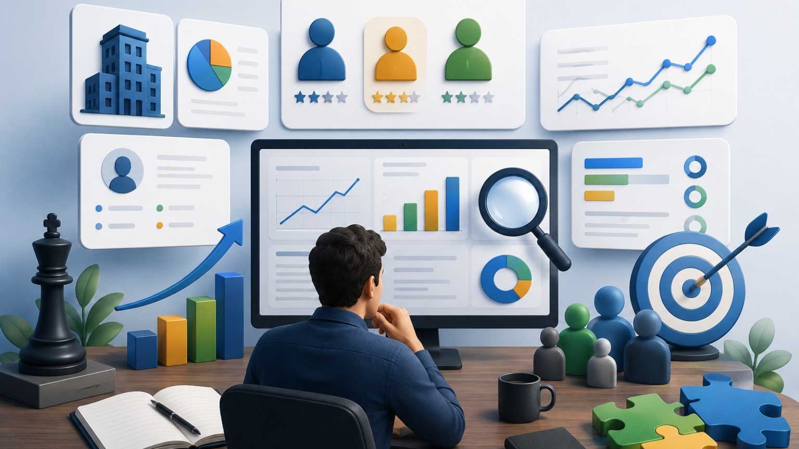 "Competitor research professional analyzing market trends, customer insights, and competitor performance to support business growth strategy."