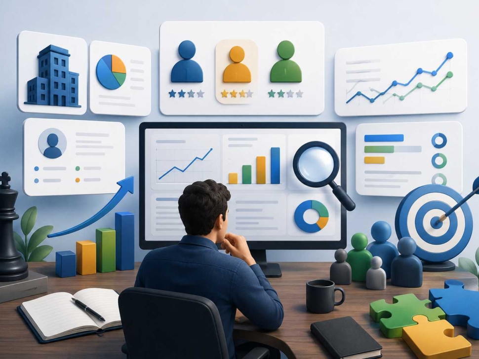 "Competitor research professional analyzing market trends, customer insights, and competitor performance to support business growth strategy."