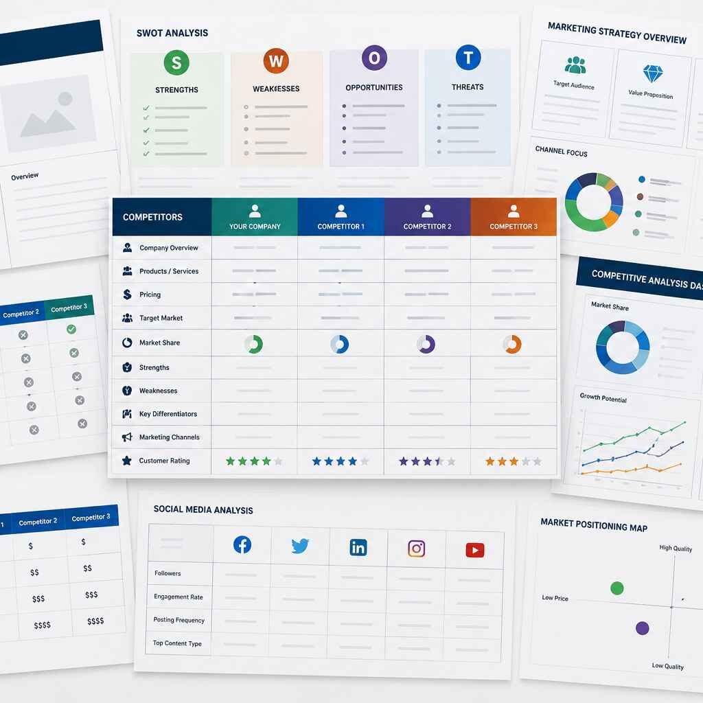 "Competitor research templates featuring competitor profiles, SWOT analysis, market comparison, pricing analysis, and competitive intelligence dashboards."