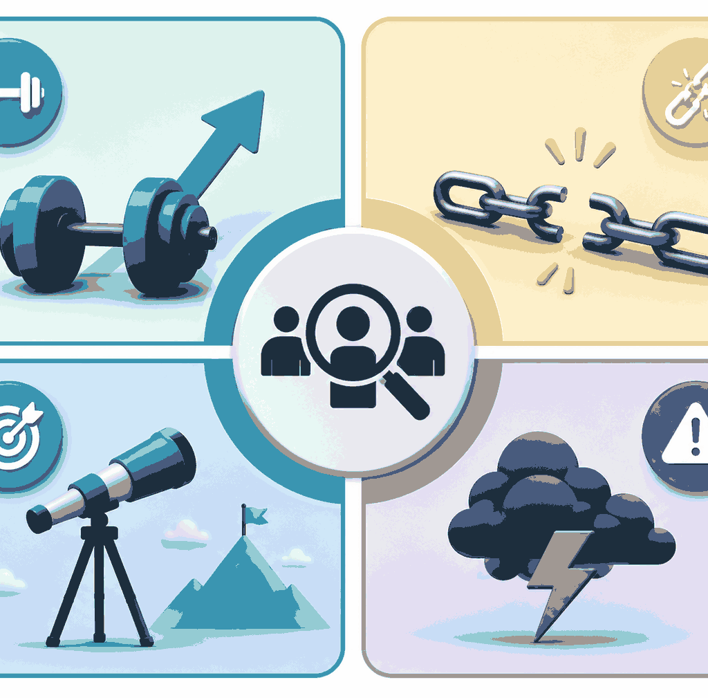 "3D illustration showing a competitor SWOT analysis with visual elements representing strengths, weaknesses, opportunities, and threats for strategic business and market analysis."
