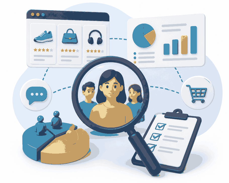 "3D illustration of customer research through competitors, showing competitor product analysis, customer feedback, market data, and audience insights for competitive market research."