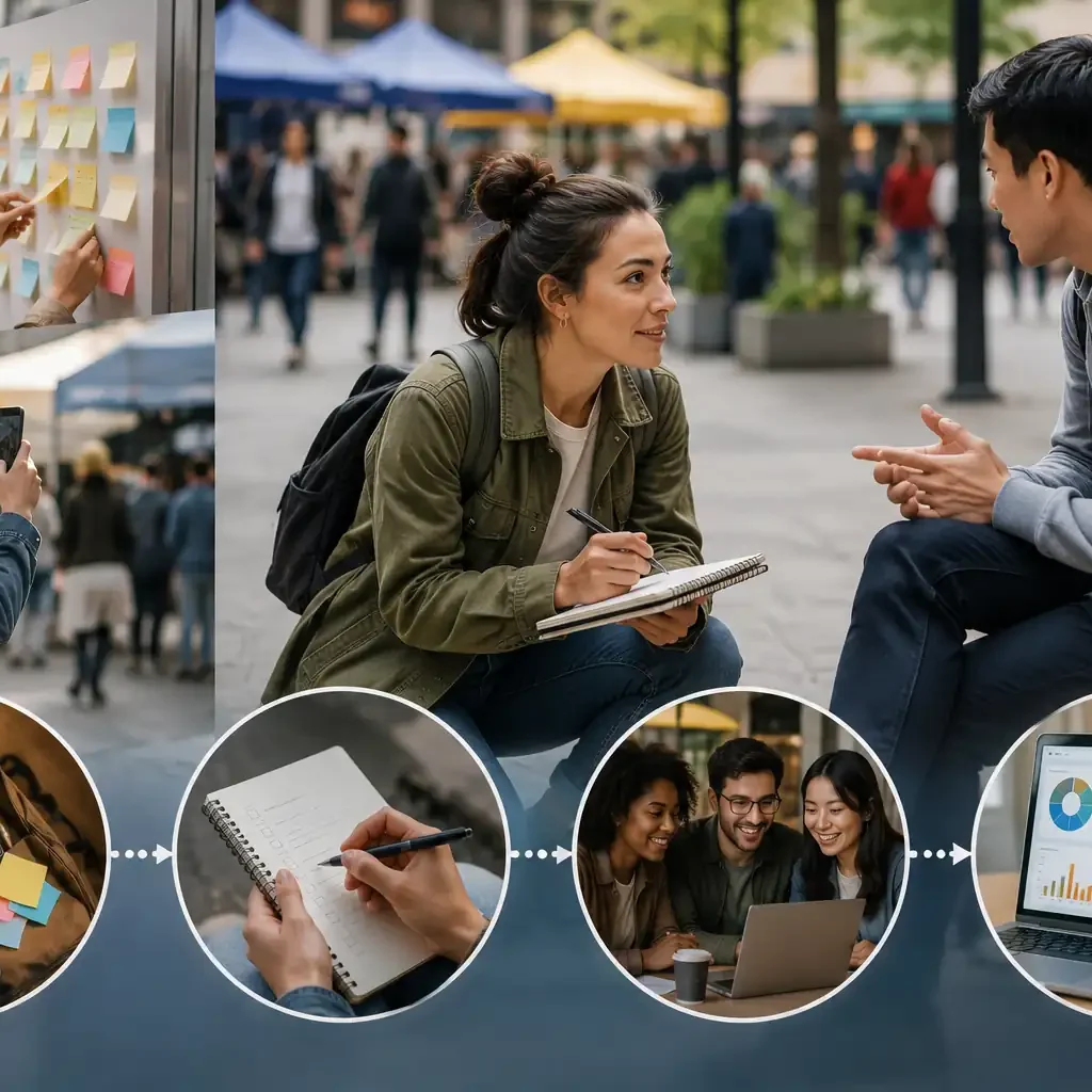 "Researchers conducting guerrilla customer research through quick interviews, note-taking, and real-world observations to gather fast consumer insights."