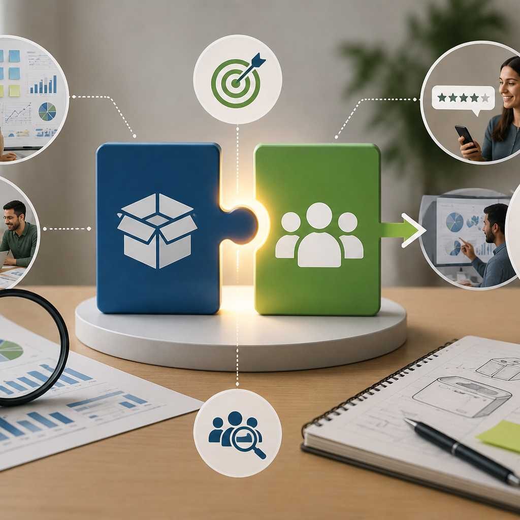 "Conceptual image of market research supporting product-market fit with customer feedback, analytics, and product development insights."