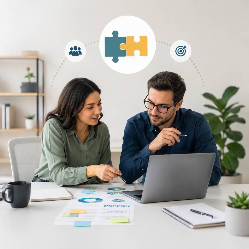 **SEO-Optimized Alt Text:**

**Product Marketing vs Product Management collaboration showing a Product Manager and Product Marketer working together on strategy, product planning, market analysis, and go-to-market execution in a modern office.**

