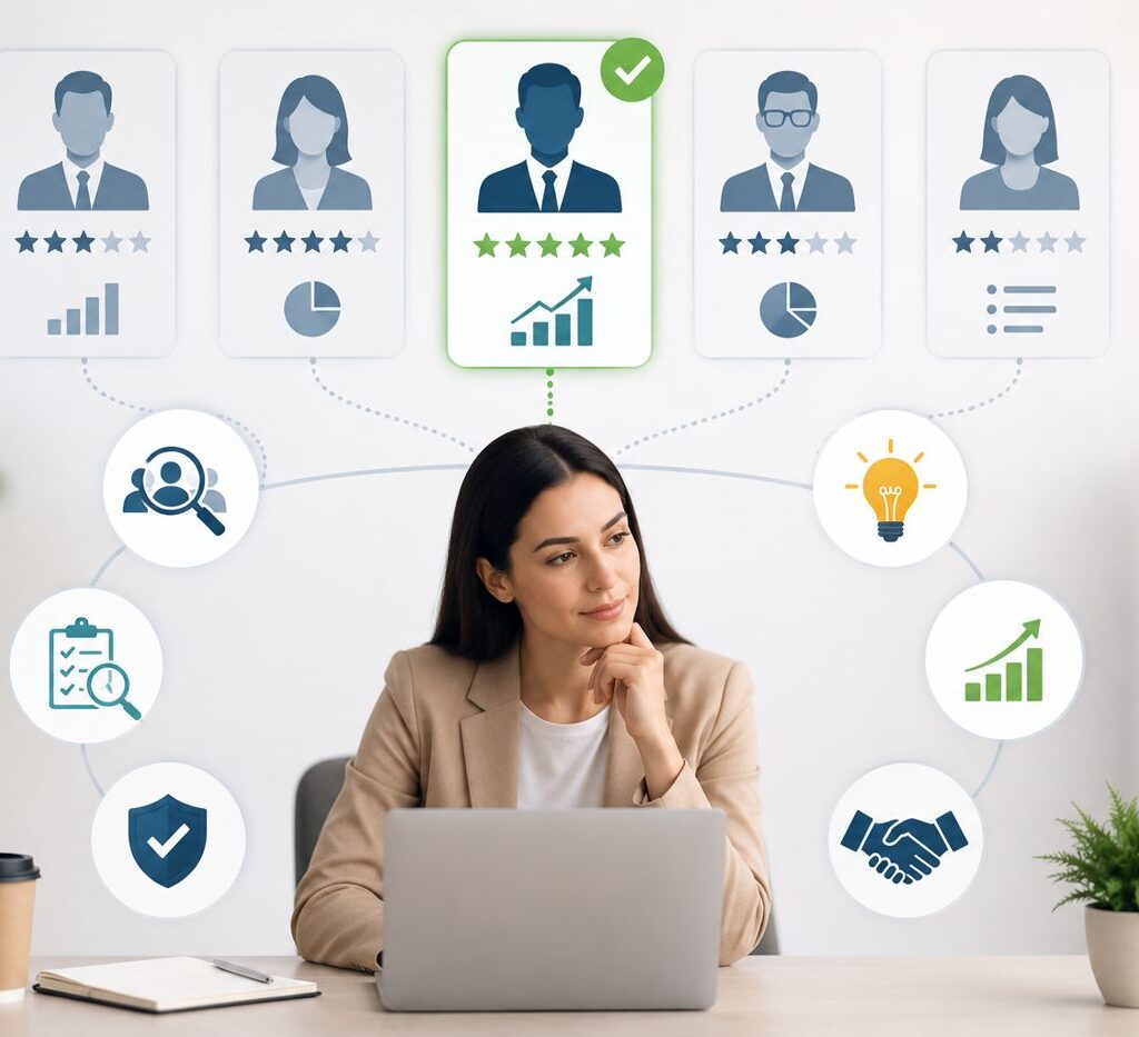 "Illustration of selecting the right market research services provider with vendor comparison, performance analysis, customer insights, and business growth indicators."
